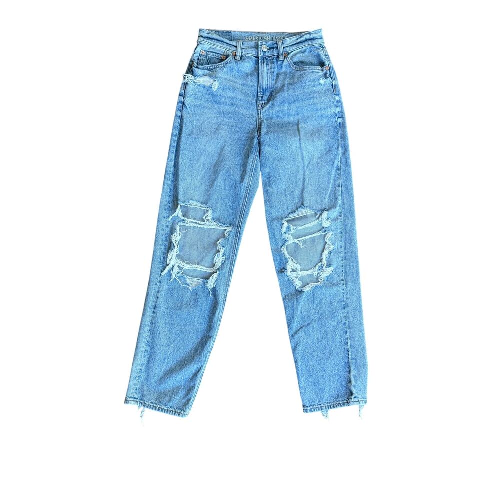 American Eagle Strigid Ripped Super High-Waisted Baggy Straight Jeans Size 0